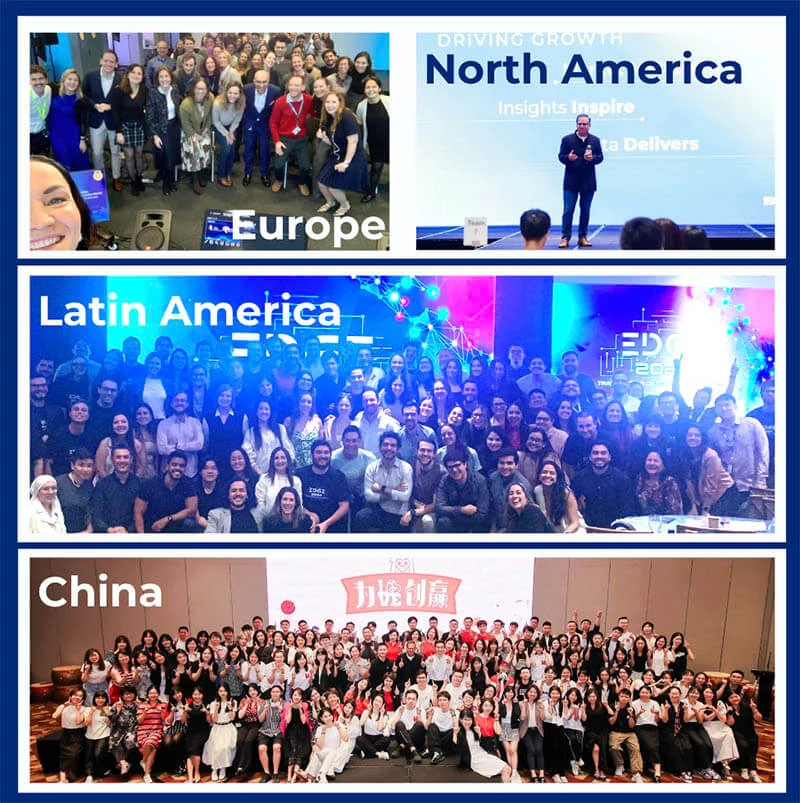 A collage of four photos of large groups of men and women and a man on a brightly lit stage. Black and white text indicates the various global locations.
