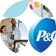 A person in a white shirt with colorful sticky notes in the background; the "P&G" logo; and two people in an office setting, one seated and the other standing, looking upwards; and a solid light blue partial circle.