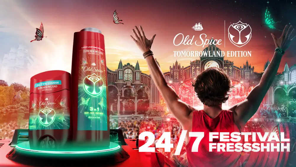 An Old Spice "Tomorrowland Edition" advertisement features deodorant and 3-in-1 body wash bottles with glowing butterfly designs, set against a vibrant festival background with a person raising their hands in a crowd. Copy on screen: "24/7 Festival Fresh".