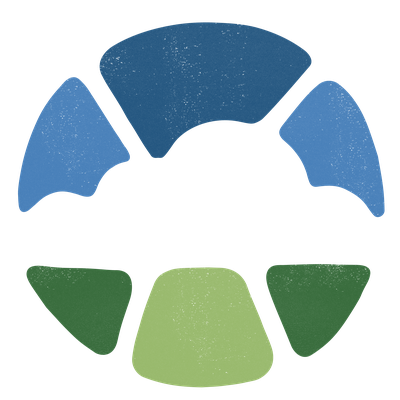 A circular icon showing a white cloud shape with various shades of blue in sections above the cloud, and various green shades below the cloud.