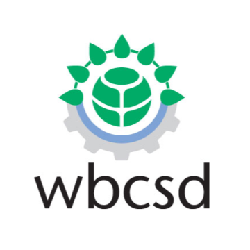 The WBCSD logo is a green circle made up of 5 sections and surrounded by 7 green leaves.