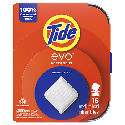 Rectangular orange box of Tide evo detergent. The bright blue and orange packaging features a white square sheet in the middle. White text features product information, such as 100% concentrated and original scent.