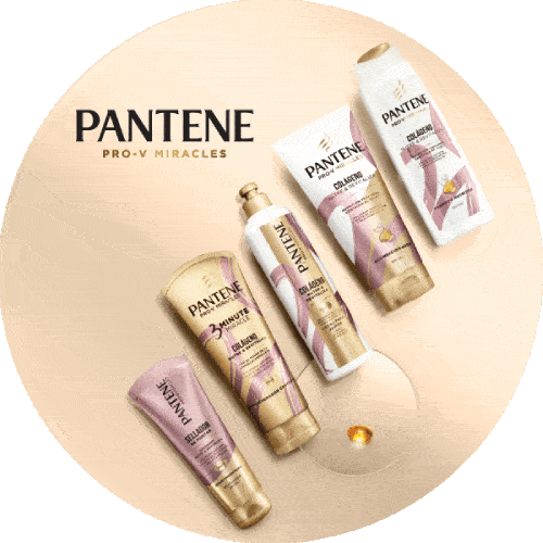 Display of several packages of different kinds of Pantene conditioner & Woman shown from the back applying Pantene conditioner to her long hair 