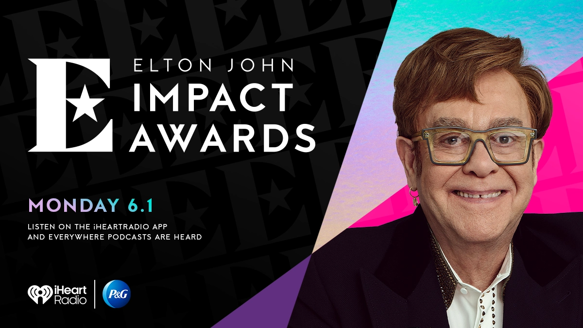Image featuring Elton John Impact Awards logo, Elton John’s headshot, the program date and how to tune in.