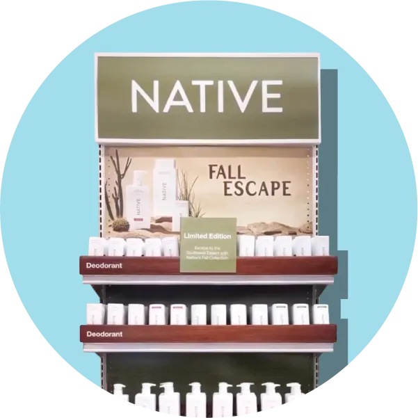 Store endcap display of Native products in various categories on a shelf