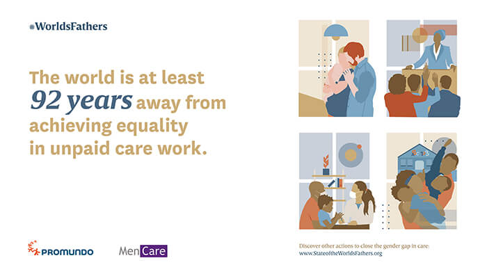 An infographic that reads, “The world is at least 92 years away from achieving equality in unpaid care work.”