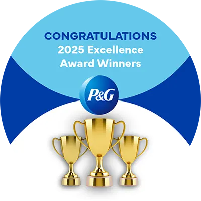 P&G graphic congratulating 2025 Excellence Award winners with three gold trophies.