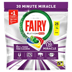 Packet of Fairy Platinum Plus dishwasher tablets. The package is purple and silver with a red and green logo. A purple band at the top says, “30 minute miracle.”