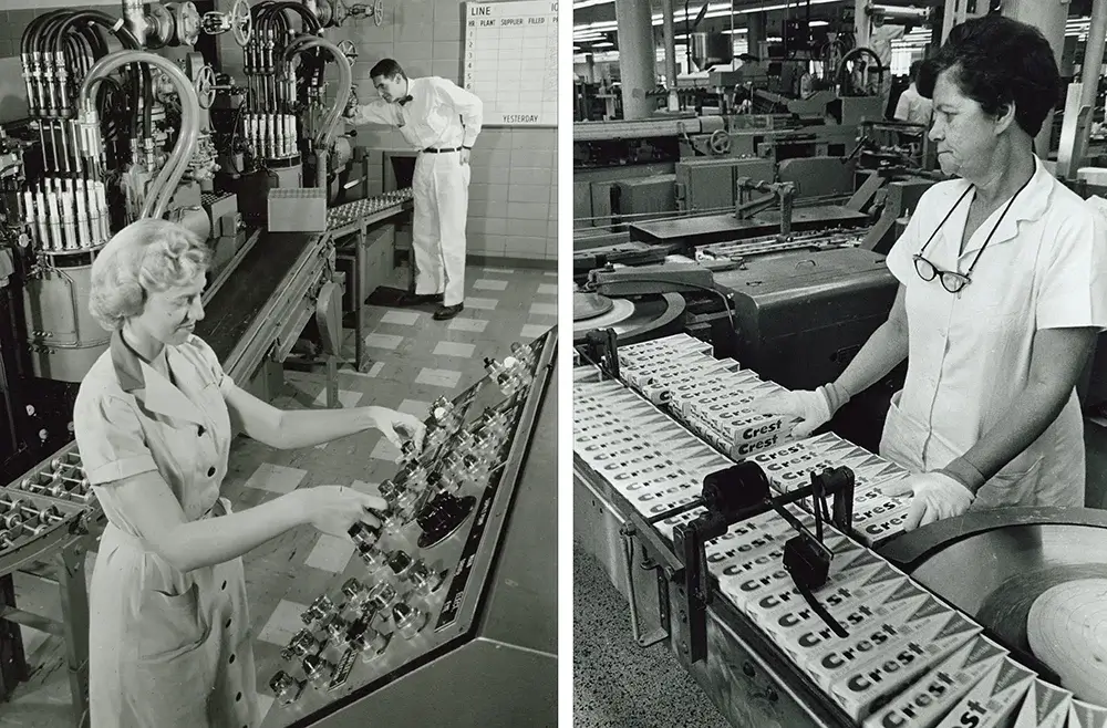 A pair of black and white images depicting factory work. One shows workers with industrial machinery, while the other focuses on a woman handling Crest toothpaste boxes on a conveyor belt.