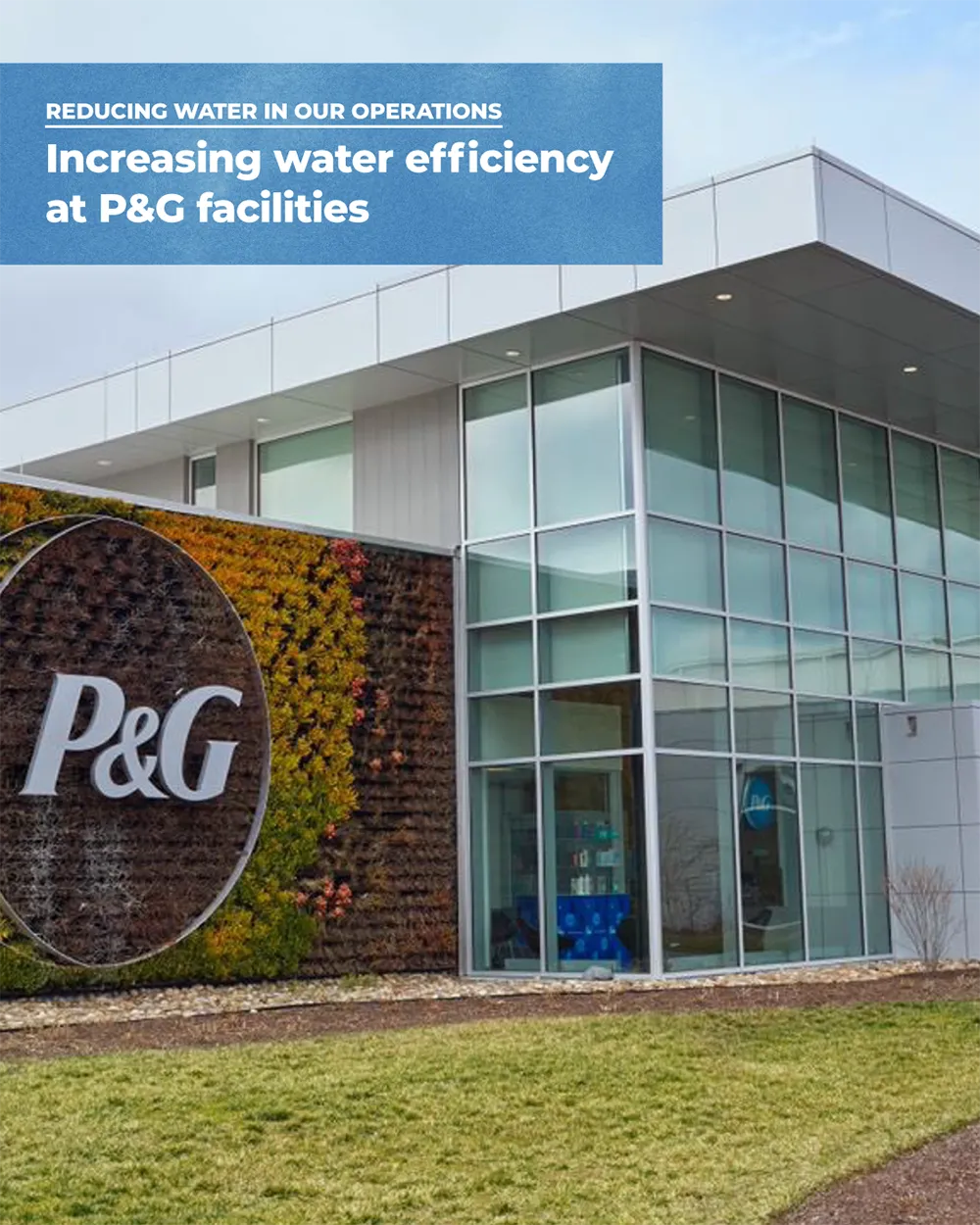 P&G facility with a wall of plants, the P&G logo and the caption “increasing water efficiency at P&G facilities”