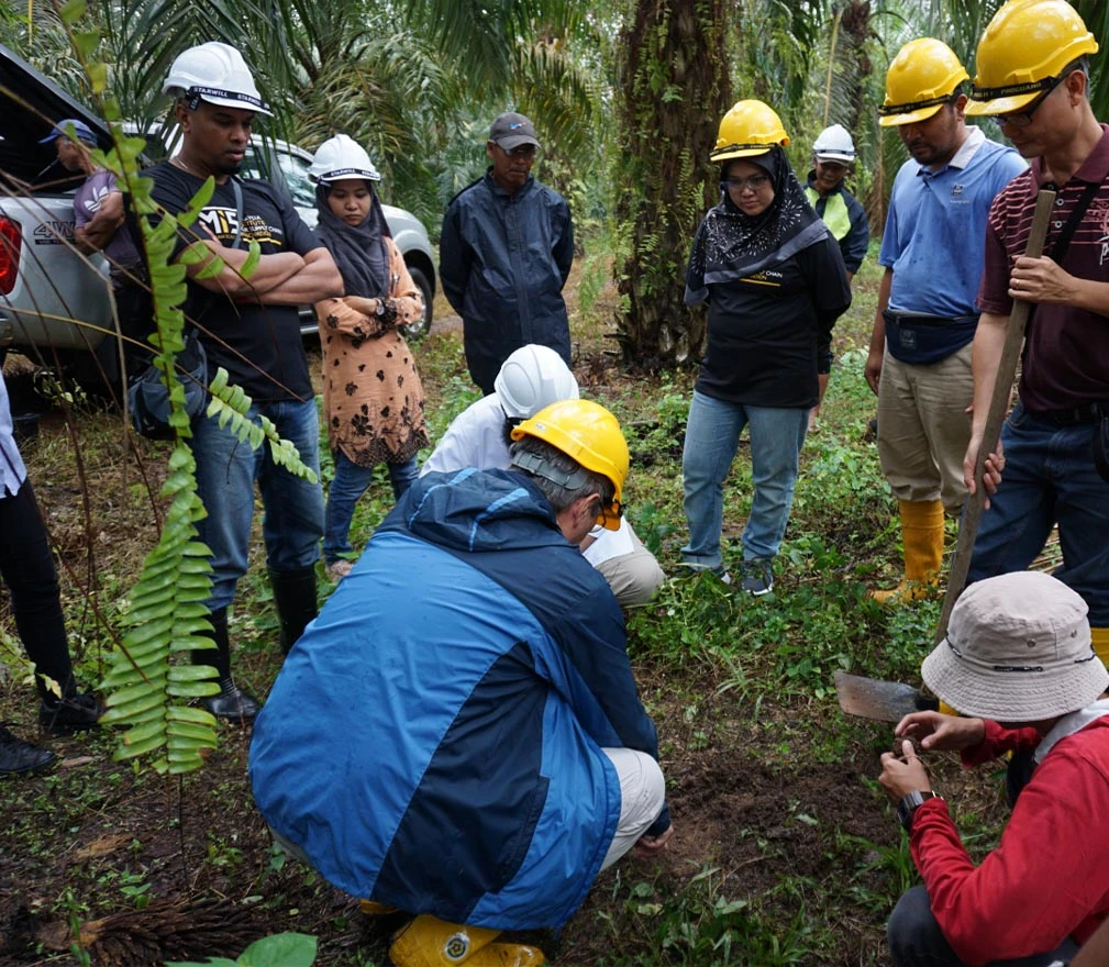 A group of people are standing in a grassy area looking at the ground as a person with a hard hat touches the soil.