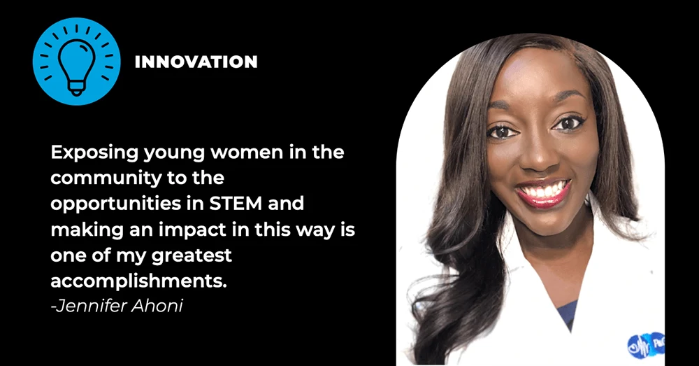 A black woman with long dark hair smiles and wears a white lab coat. Here image is next to a white text quote and a black and blue illustration of a light bulb.