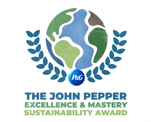 Illustration of the earth. Underneath is the P&G logo with blue leaves on either side. Text reads, "The John Pepper excellence and mastery sustainability award."
