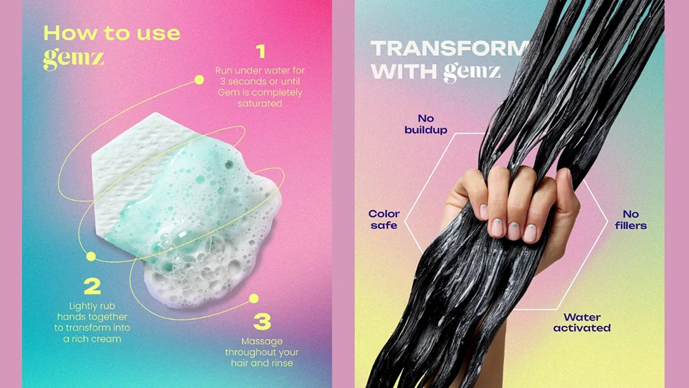 A split image illustrates how to use Gemz, showing a tablet transforming into foam with water and then into a cream for hair, alongside a hand holding wet hair to highlight benefits like "No buildup," "Color safe," "No fillers," and "Water activated."