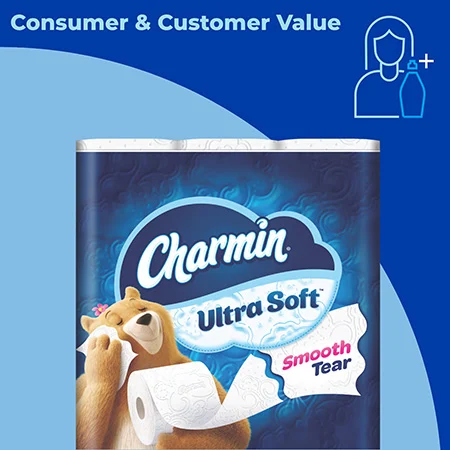 A package of toilet paper in front of a blue background with the words Consumer & Customer Value in the top left corner.