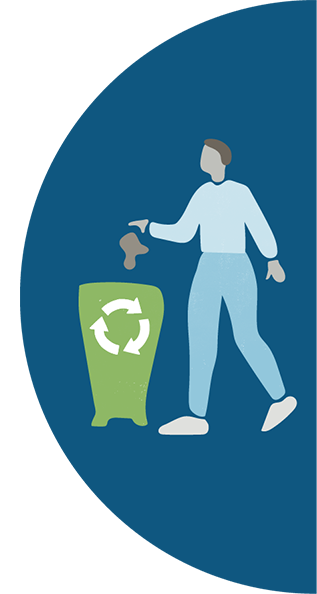 Illustration of a person wearing blue putting waste in a recycling bin.