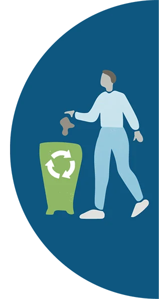 Illustration of a person wearing blue putting waste in a recycling bin.