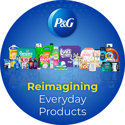 A row of nearly two dozen home care and personal products are lined up against a blue background.