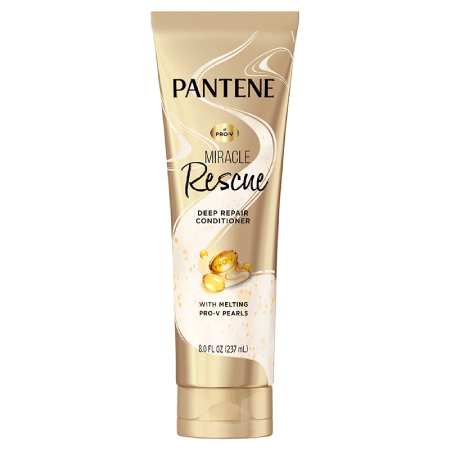 A gold bottle of product identified as Pantene Miracle Rescue Deep Repair Conditioner. Product name and details are displayed in black text.