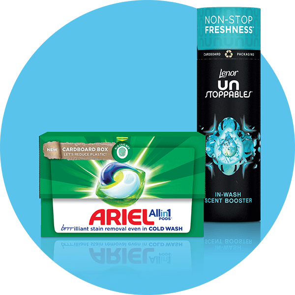 One package each of Ariel All in 1 PODS and Lenor Unstoppables scent beads, both in recyclable paper packaging