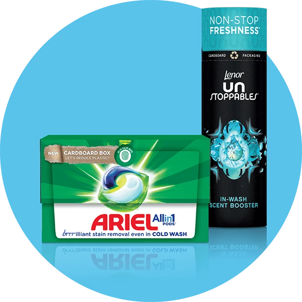 One package each of Ariel All in 1 PODS and Lenor Unstoppables scent beads, both in recyclable paper packaging