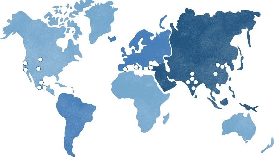 Blue map of continents that highlights priority basins with white dots
