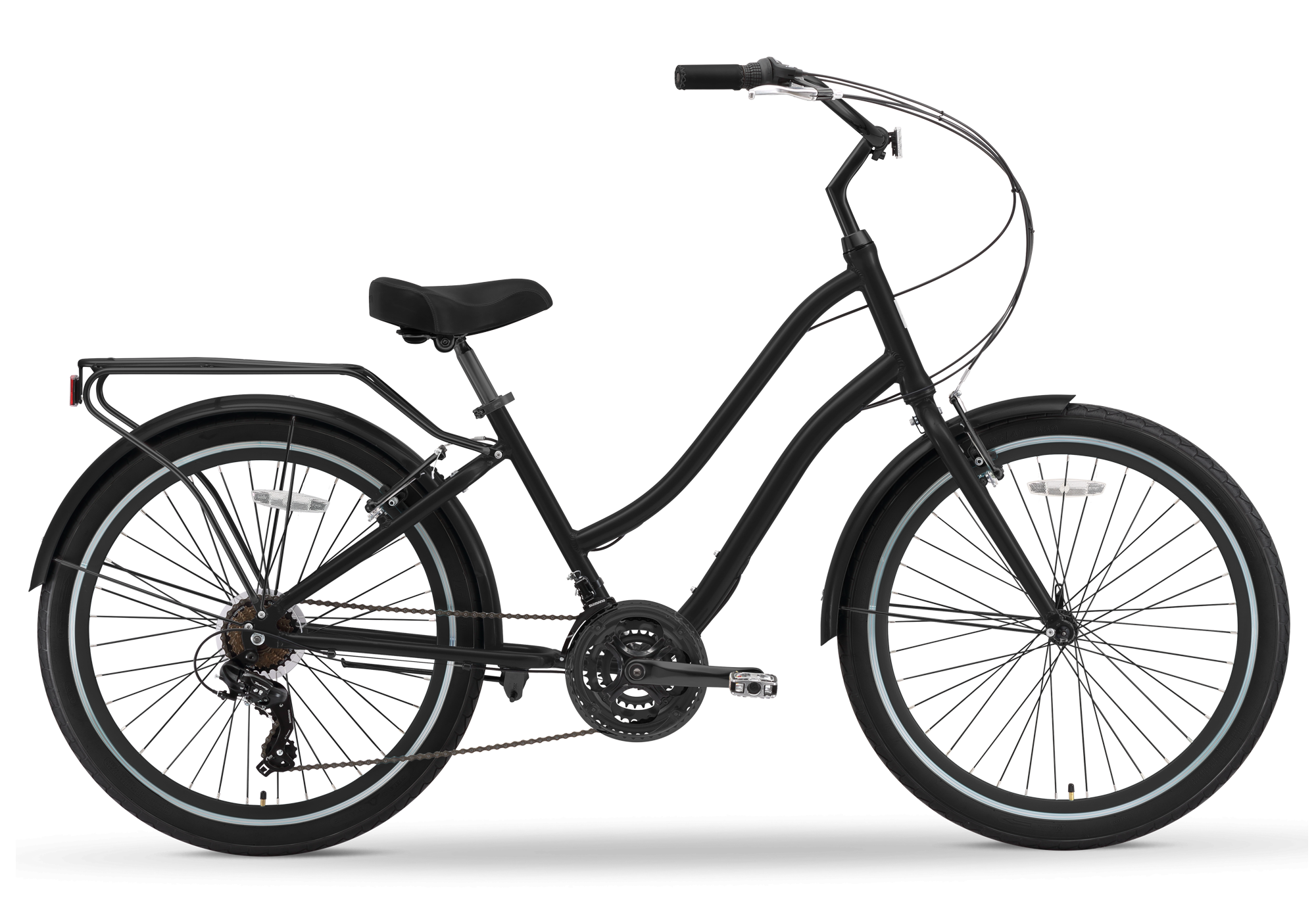 sixthreezero EVRYjourney Mens Casual Edition 7-Speed Sport Hybrid Cruiser Bike w/Integrated Cable Lock Matte Black with Black Seat and Black Grips 26 Bicycle 