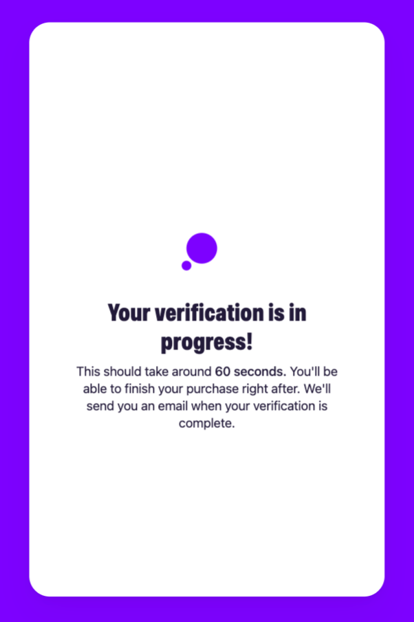 MoonPay widget screen showing verification in progress to verify identity and buy Bitcoin