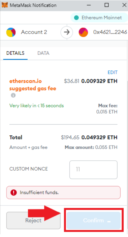 A screenshot of a MetaMask payment on Etherscan.