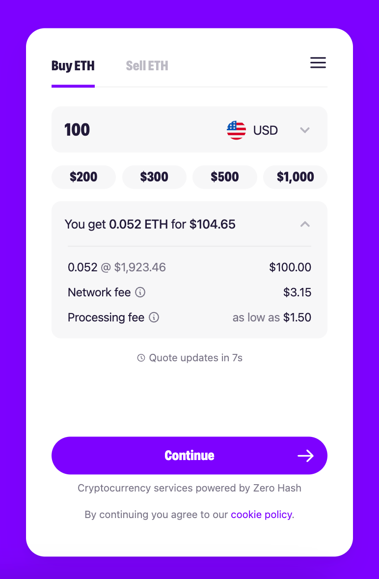A screenshot of MoonPay's widget to buy ETH with a credit card.