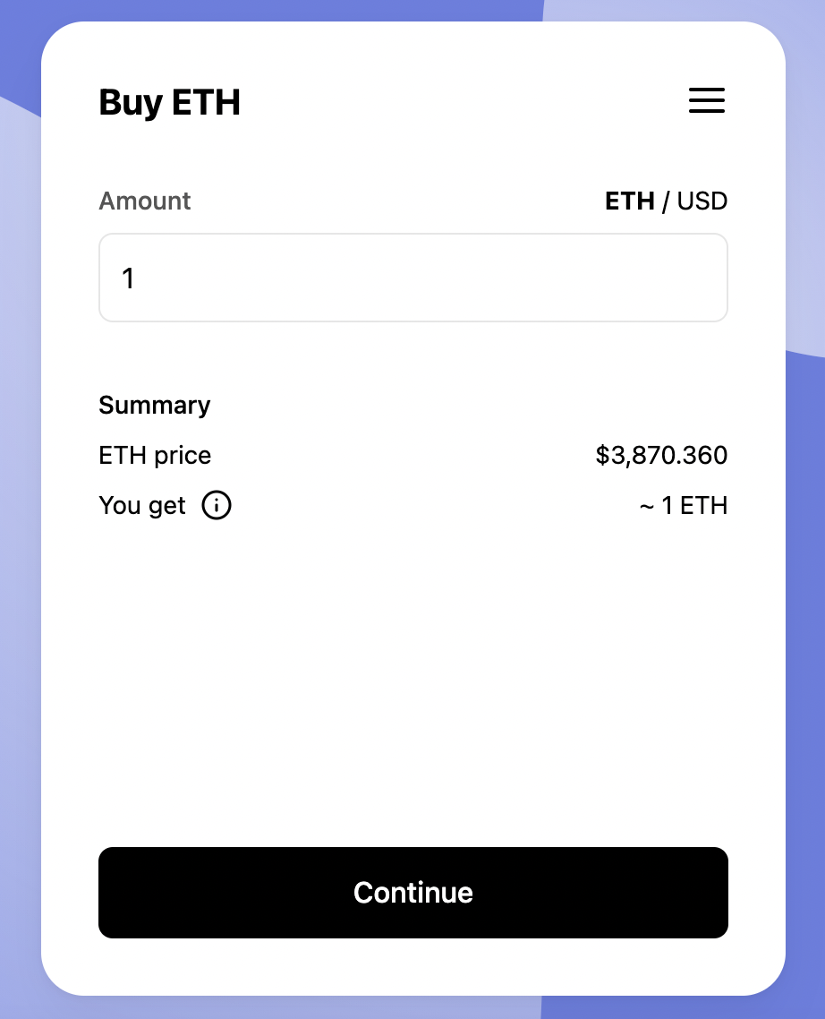 A screenshot of MoonPay's widget to buy ETH with a credit card.