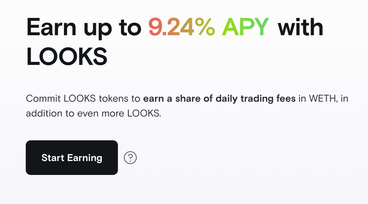A screenshot of LooksRare’s staking annual percentage yield APY.