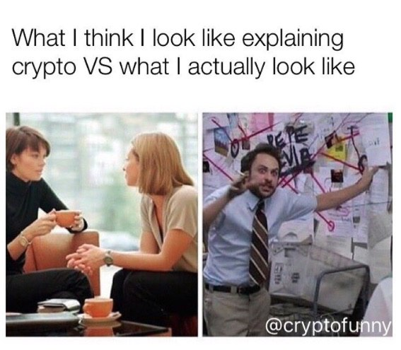A picture of a cryptofunny meme:  “What I think I look like explaining crypto VS what I actually look like” 