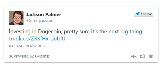 Jackson Palmer tweeting about the launch of Doge.