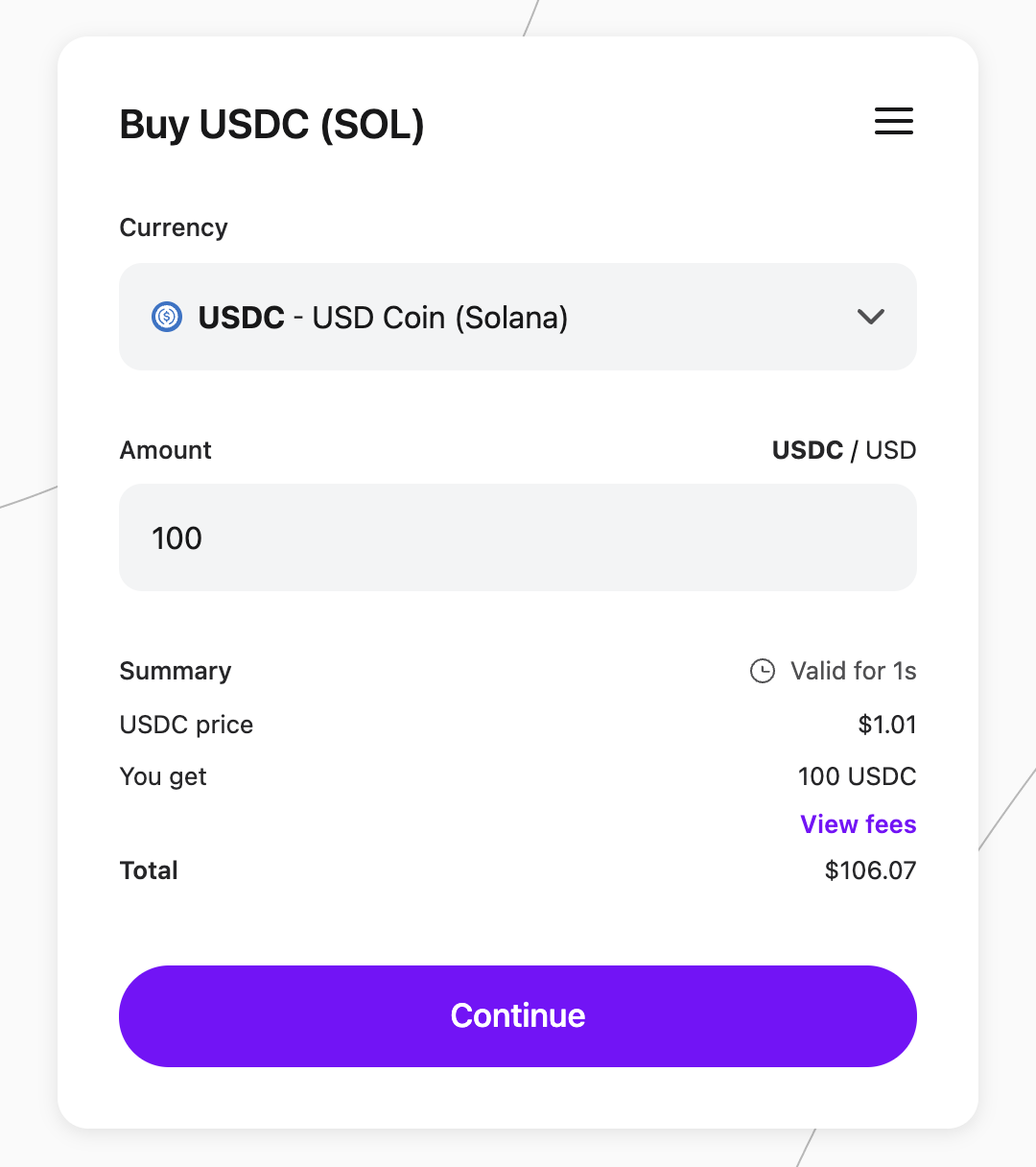 A screenshot of MoonPay’s buy page to purchase USDC (SOL).