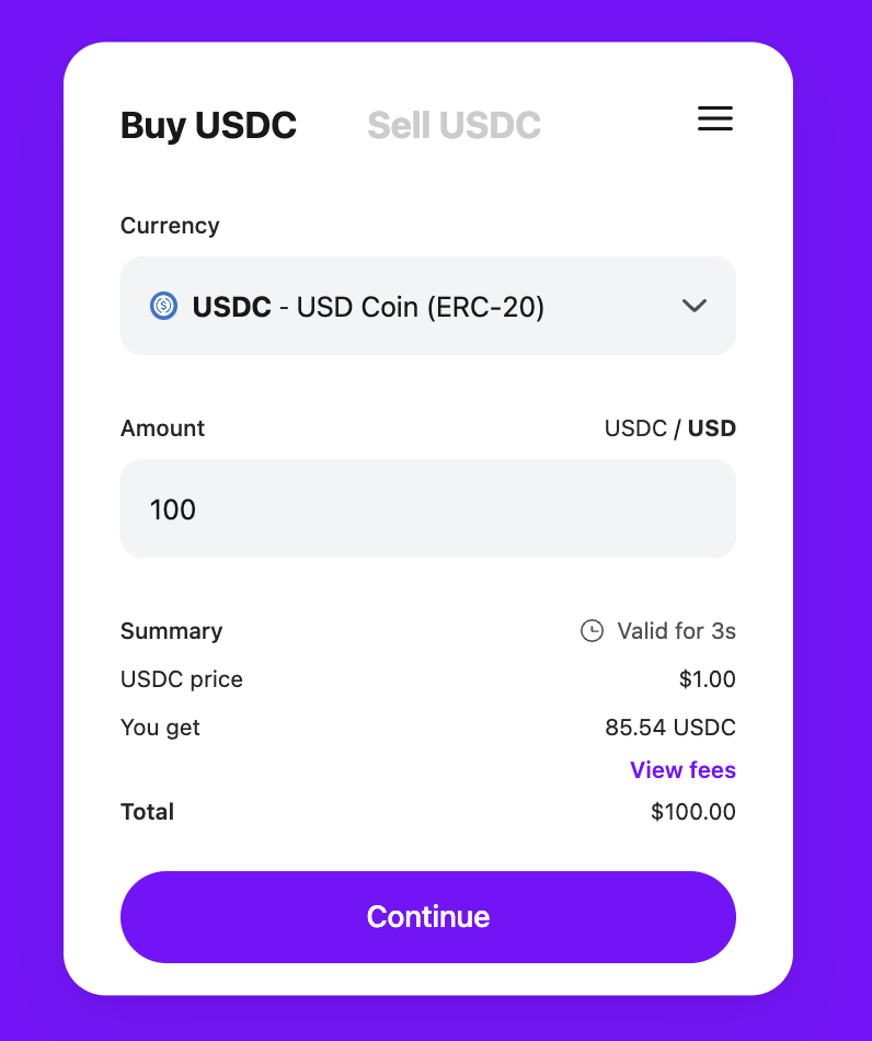 A screenshot of MoonPay’s buy USD Coin widget.