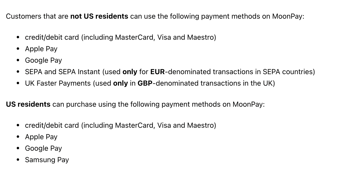 Image of payment methods accepted by MoonPay. 