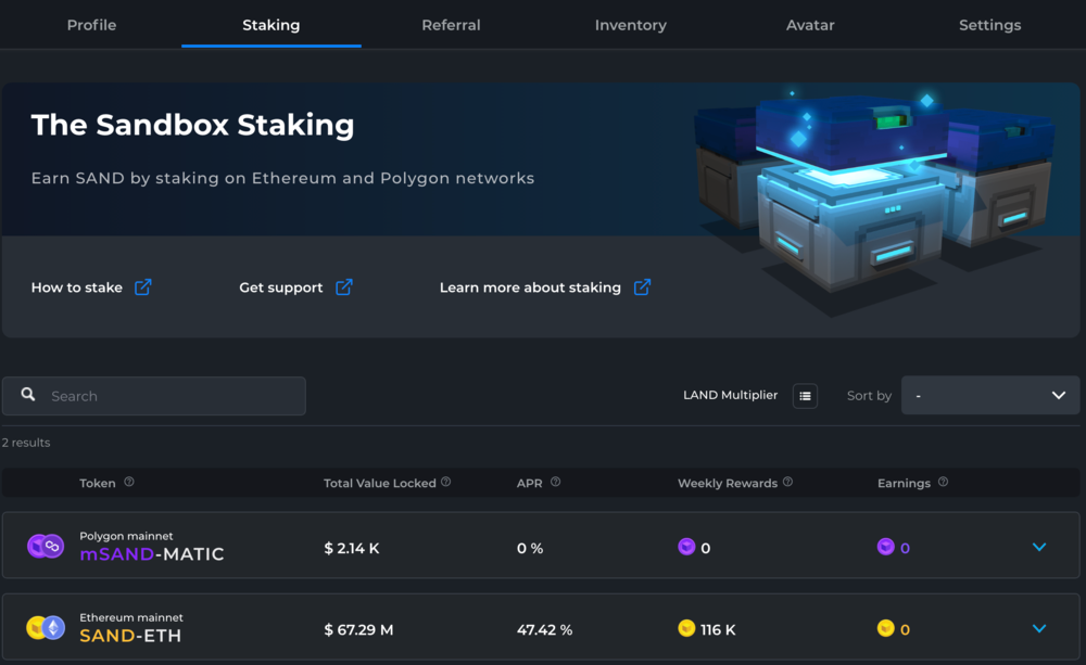 A screenshot of different staking rewards on the Sandbox platform.