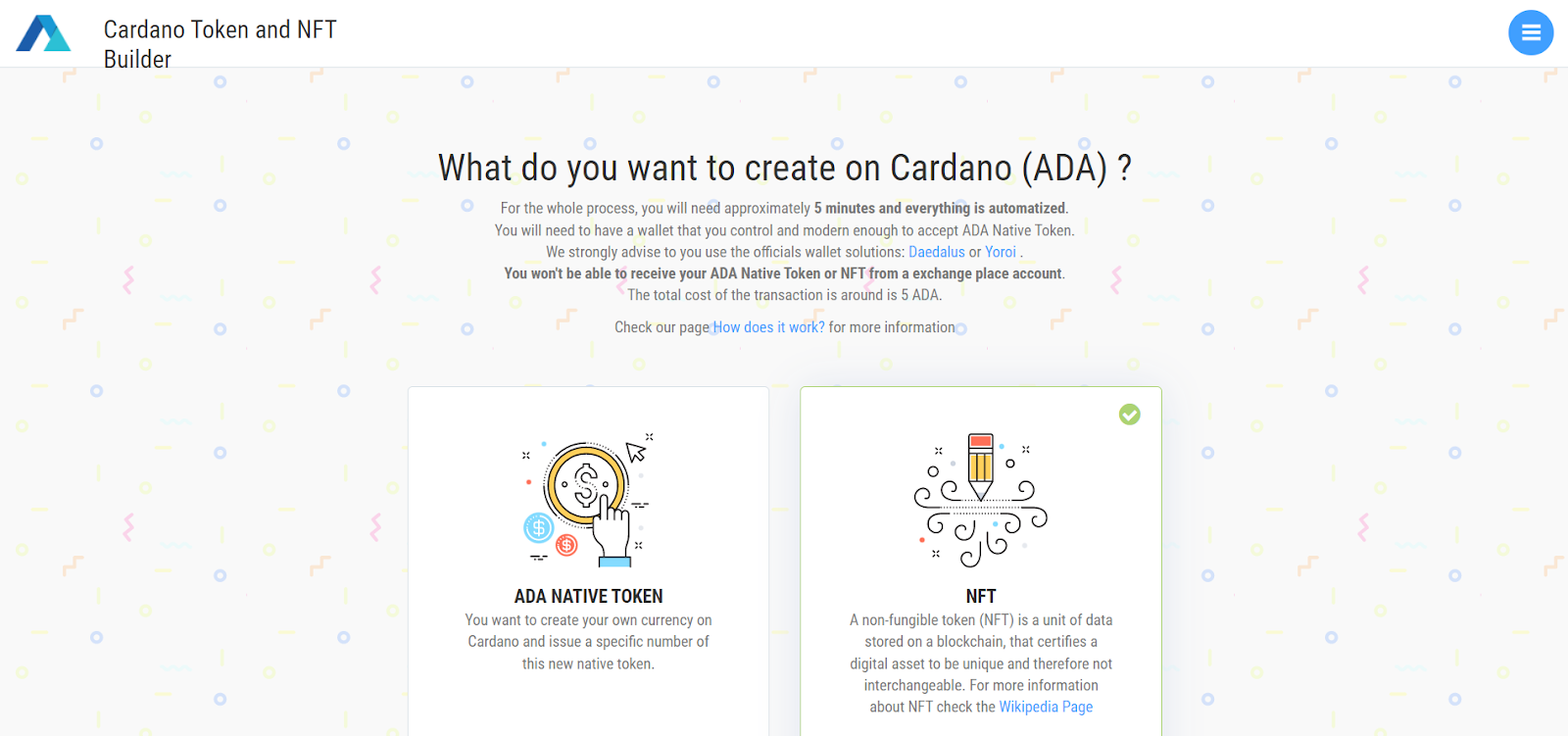 A screenshot from Cardano Token and NFT Builder.