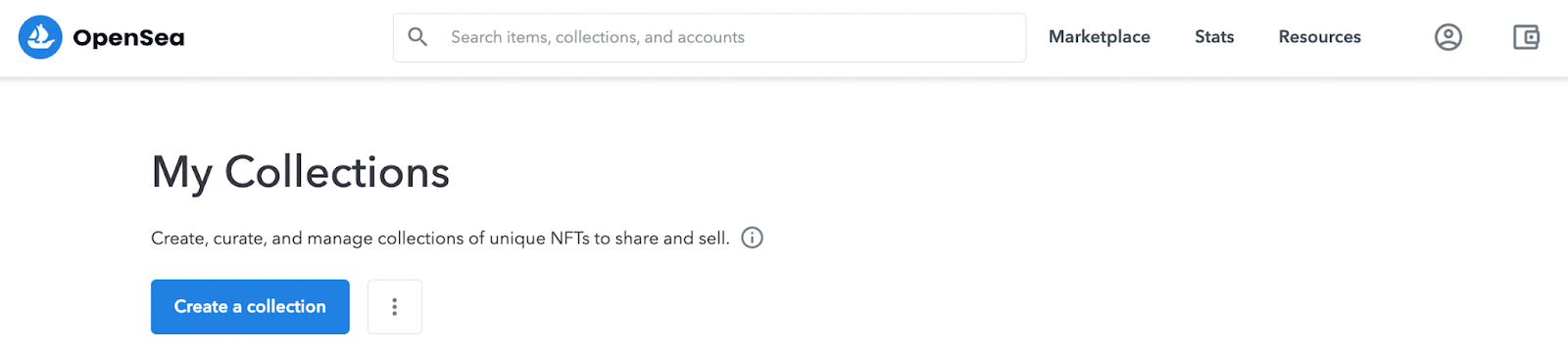 Image of “My Collections” on Opensea.