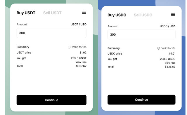 Screenshots of buying USDT and USDC on MoonPay.