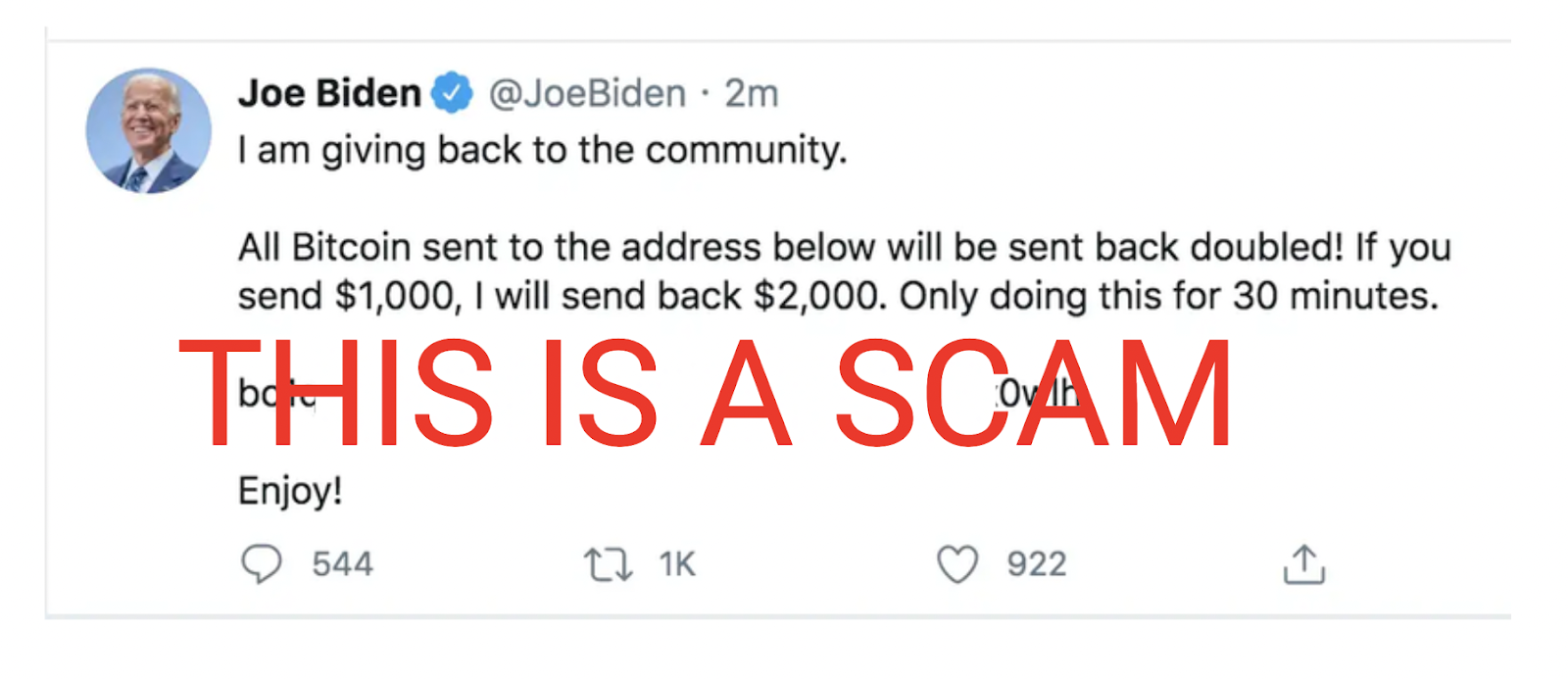 A screenshot of a hacked tweet from President Joe Biden.