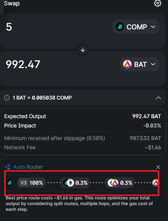 A screenshot of the autorouter feature in Uniswap.