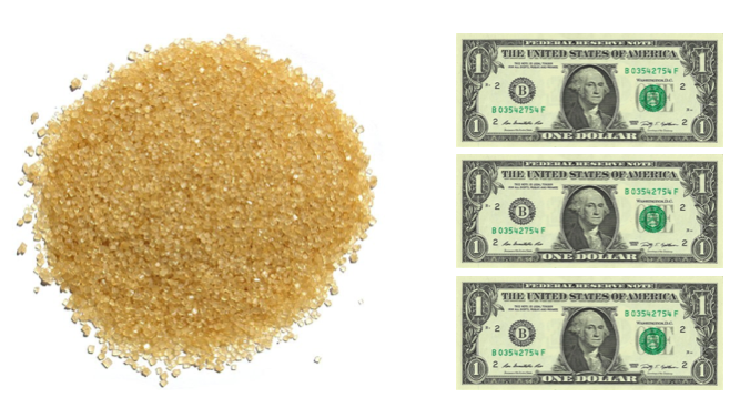 A picture of raw sugar and U.S. dollars. 