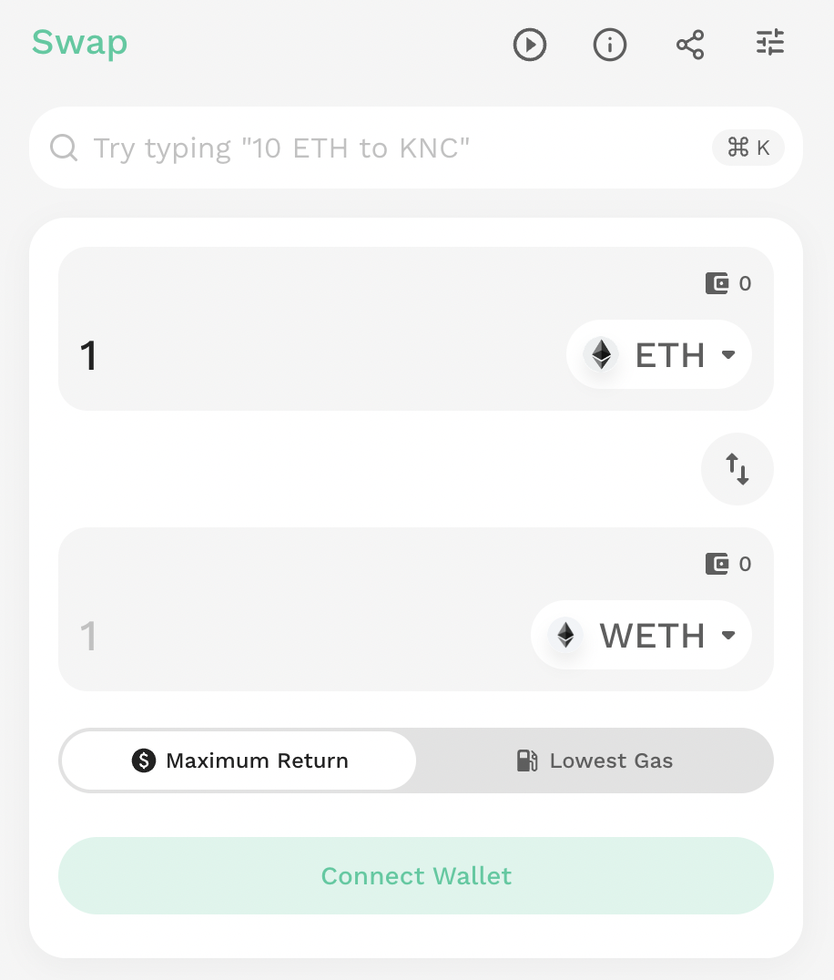 A screenshot of KyberSwap’s UI showing ETH to wETH swap.