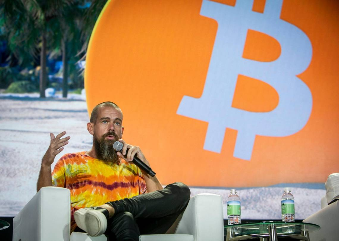 A picture of Jack Dorsey speaking at Bitcoin 2021.