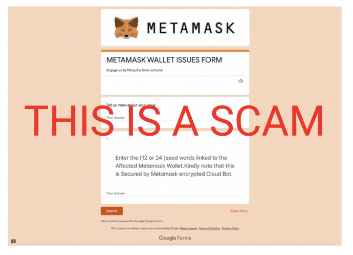 An image of a fake MetaMask wallet scam.