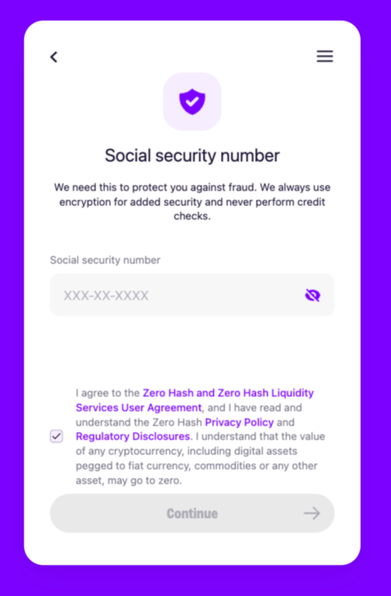 MoonPay widget screen to enter Social Security Number (SSN) to buy Bitcoin