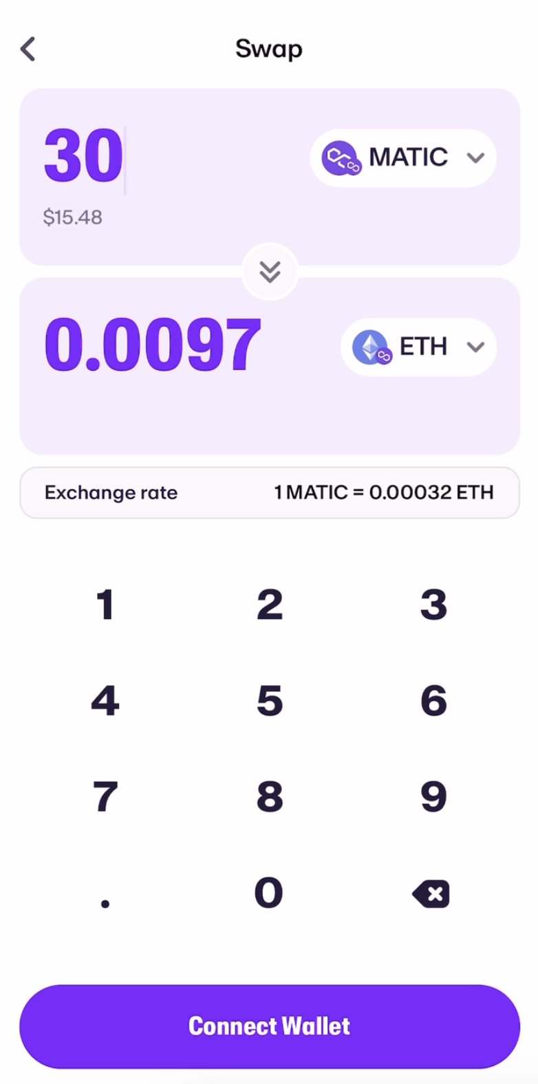 A screenshot of a MoonPay Swap exchange between MATIC (Polygon) and ETH (Ethereum).