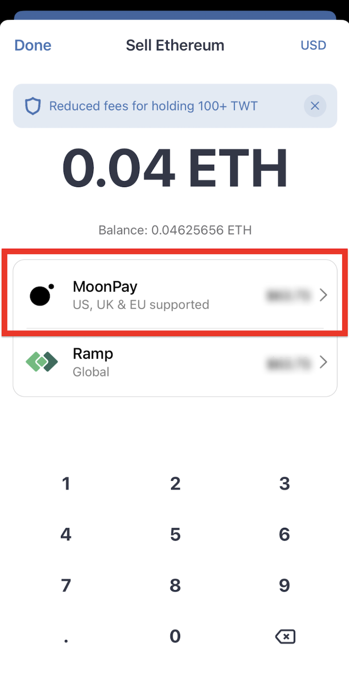 Sell crypto on Trust Wallet via MoonPay screen